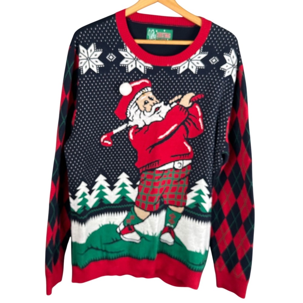 Ugly Christmas Sweater Mens XL Golfing Santa Argyle Sleeve Navy Blue Cotton Knit
